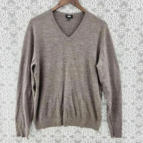 Uniqlo 100% Wool V neck pullover brown sweater men's L - Picture 1 of 6